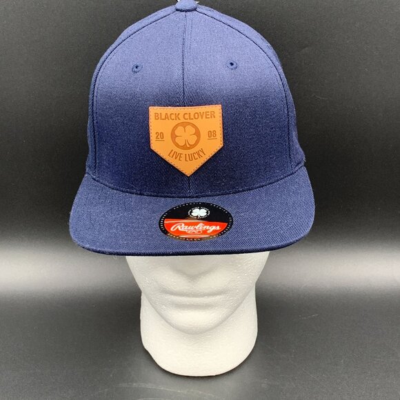 Rawlings Black Clover Hat Flat Bill Leather Patch Navy Blue Acrylic Wool S/M New - Picture 8 of 8